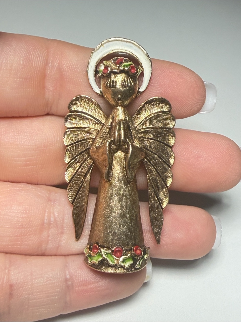 ART Christmas Angel Brooch Gold Tone Enamel Vintage 1960s 2.25 inches